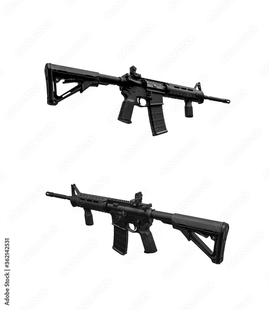 Modern black automatic rifle isolated on white. Weapons for police, special forces and the army. Automatic carbine with mechanical sights.