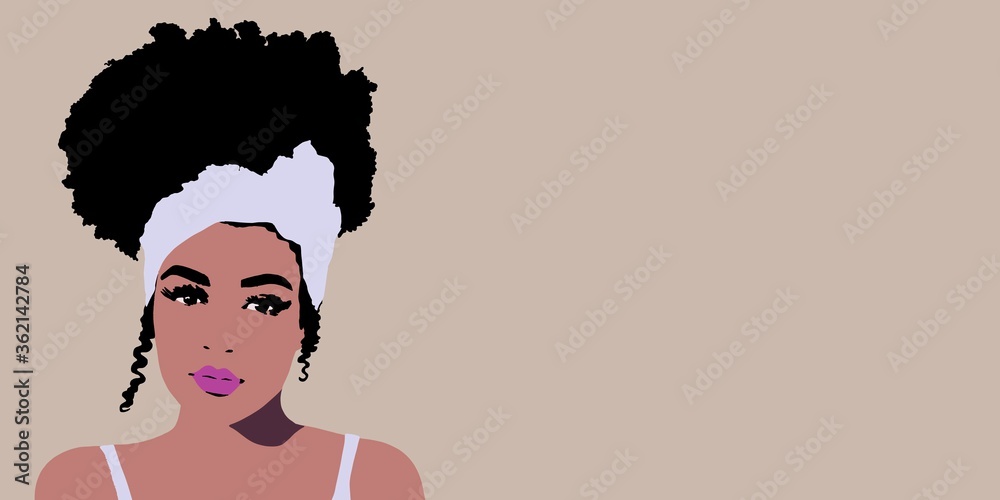 Background of Cute black African American girl or woman. Portrait with high  puff curly Afro hair style  text. Queen. space for  cosmetics Stock Illustration | Adobe Stock