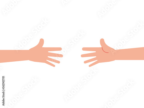 Two arms reaching out for each other. Helping hand, support concept. Two wide open palms stretching to touch. Greeting gesture handshake. White background, copy space. Vector illustration, clip art