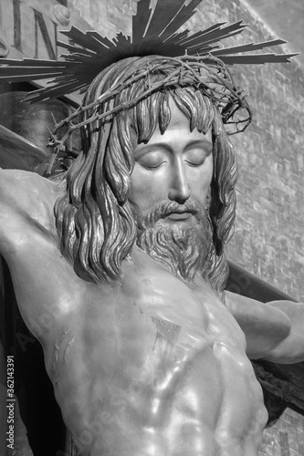 BARCELONA, SPAIN - MARCH 3, 2020: The detail of carved polychrome Crucifixion in the chruch Iglesia de Belen. cent.