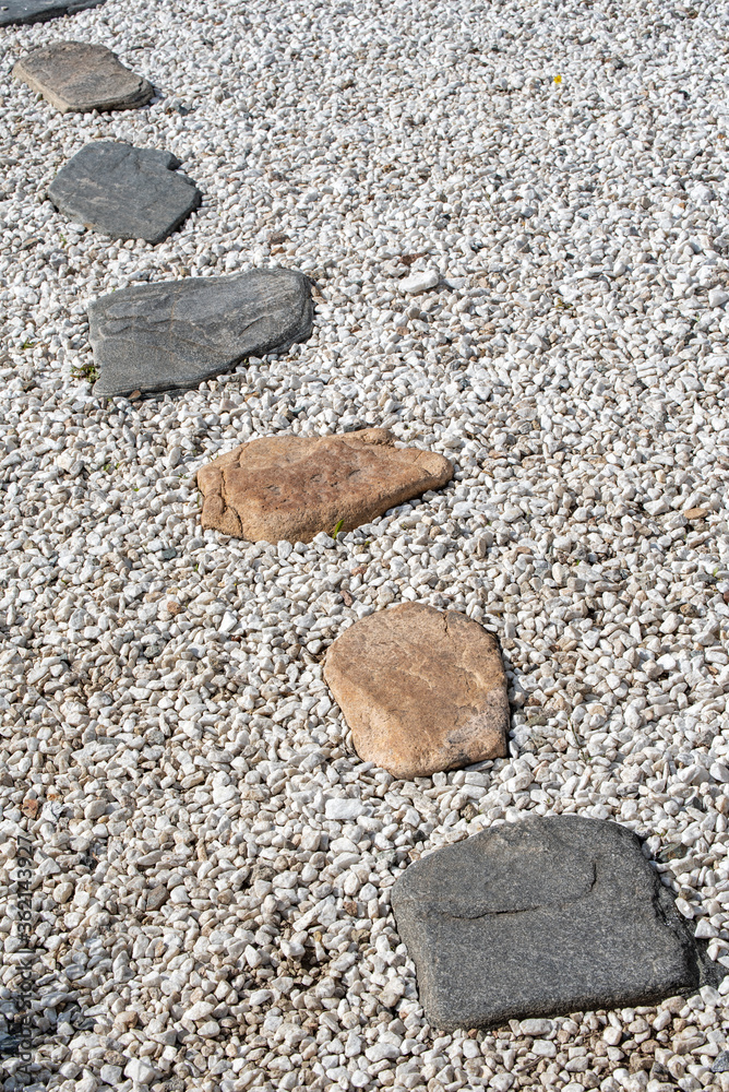 A stone path on a gravel backing in a Japanese garden. A stone path on a gravel backing in a Japanese garden.