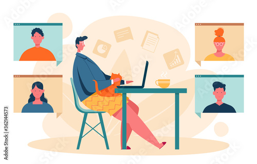 Vector illustration of a young man working remotely from home