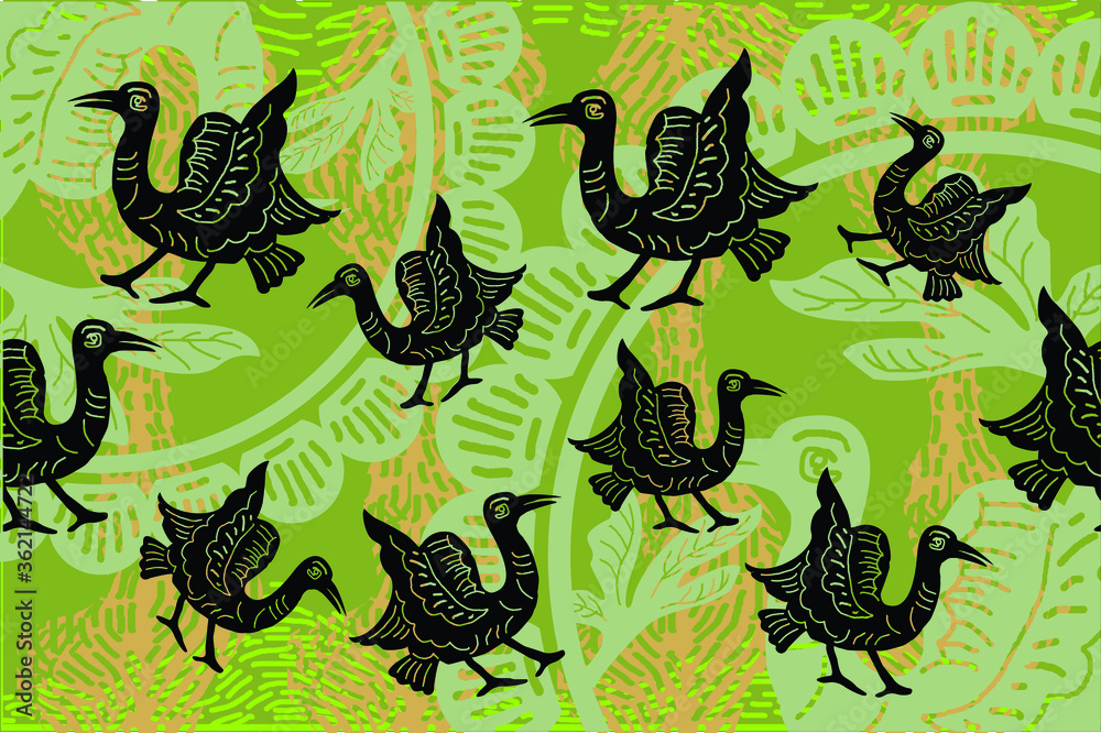 Indonesian batik motifs with very distinctive plant patterns, and birds Indonesian batik motifs with very distinctive plant patterns, and birds