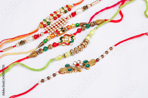 Close up portrait group of colourful rakhi with white background