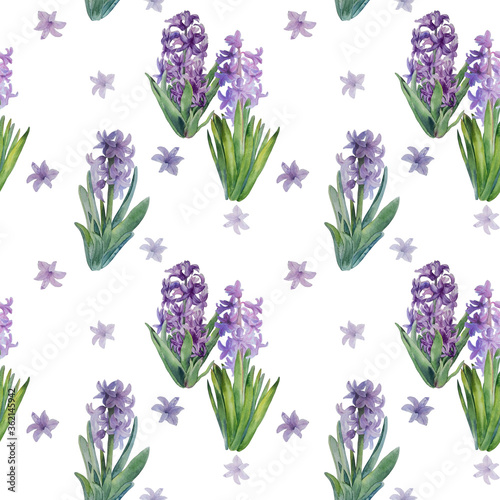 Seamless pattern with blossoming flowers hyacinths.Watercolor spring flowers background.