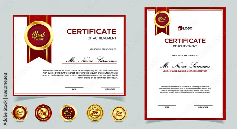 Certificate of appreciation template, gold and red color. Clean modern certificate with gold badge. Certificate border template with luxury and modern line pattern. Diploma vector template