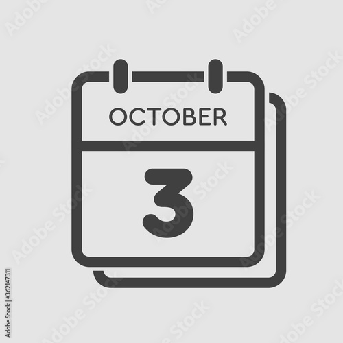 Calendar icon day 3 October, template icon date