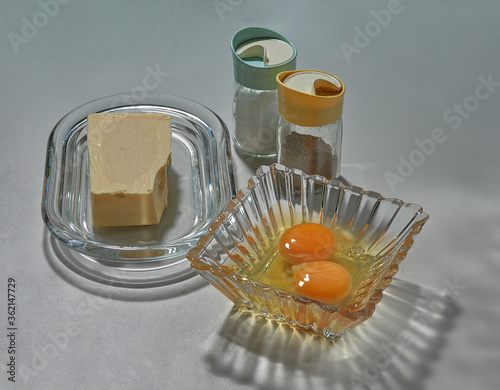 Few ingredients for preparing simple fried eggs