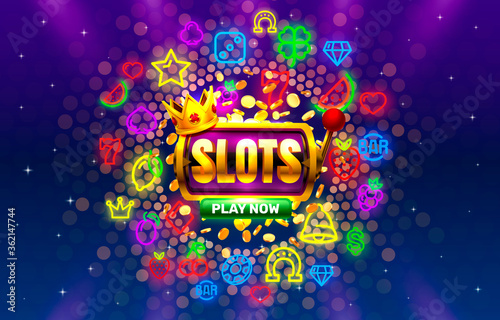 Play now slots neon icons, casino slot sign machine, night Vegas. Vector