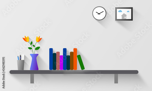 The shelf on white wall with books and flower vases, copy space, vector illustrator	
