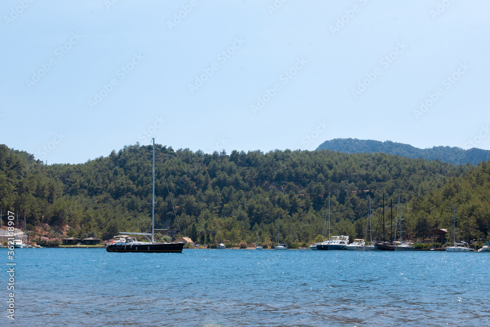 A large body of water with boats and a hill covered with trees