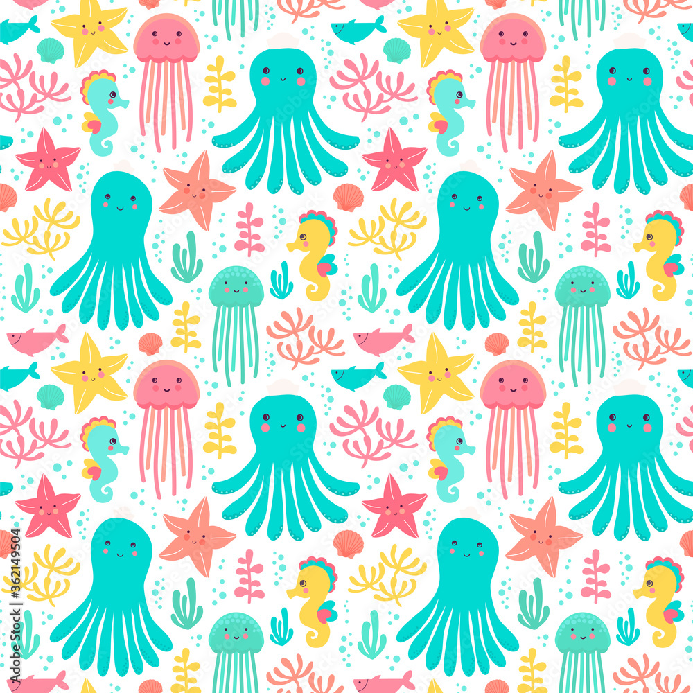Seamless vector pattern with octopus, sea star, seahorse, fish and water plant in cute colors.
