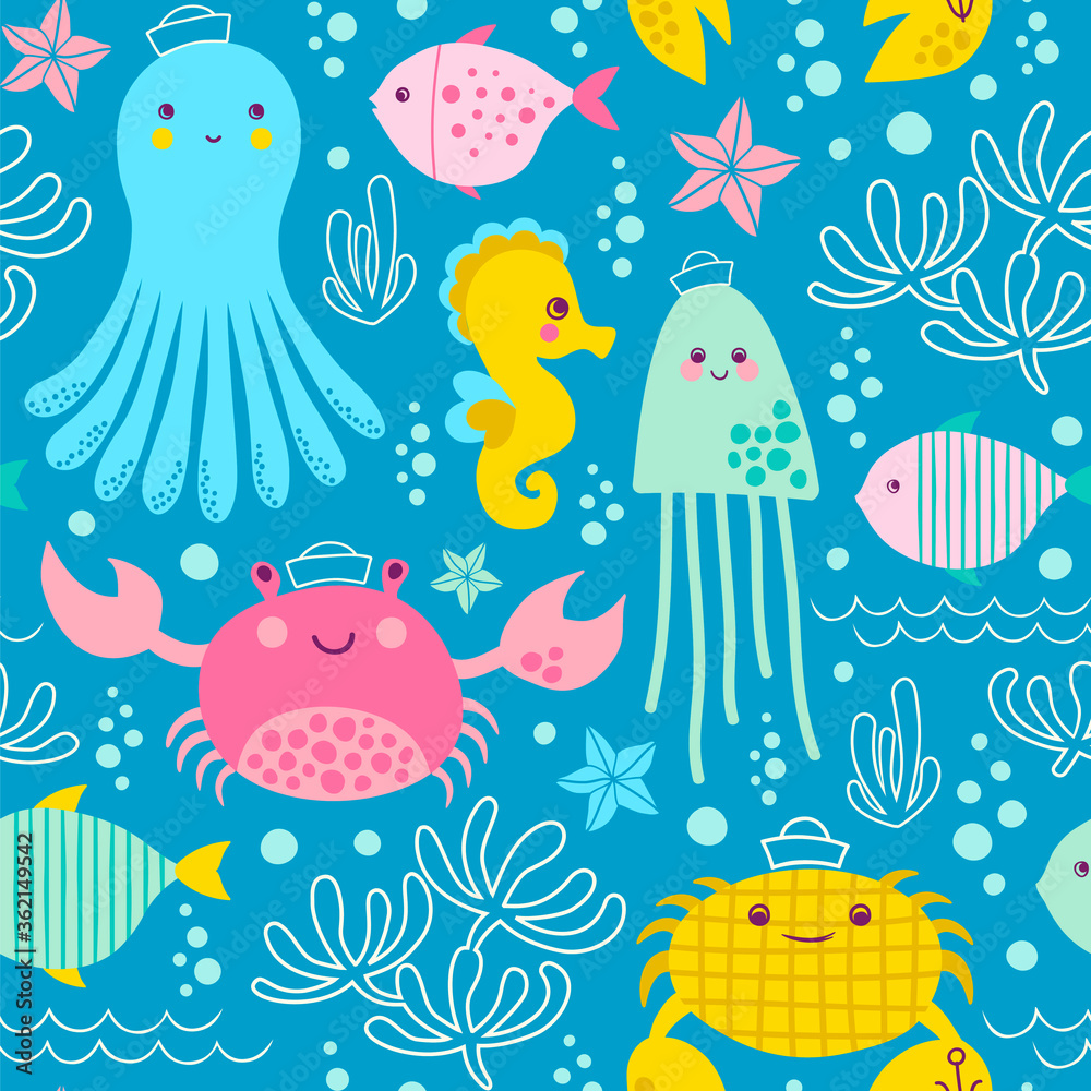 Fototapeta premium Seamless vector pattern with octopus, seahorse, fish, jellyfish, sea star and water plants.