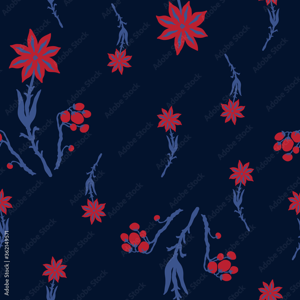 Vector seamless pattern with stylized folk flowers on dark background