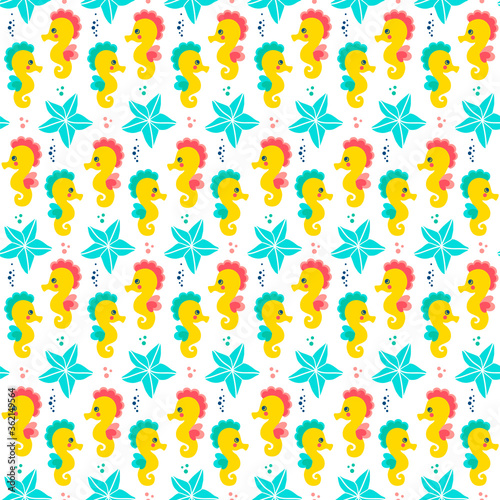 Seamless vector pattern with cute seahorses and starfish.