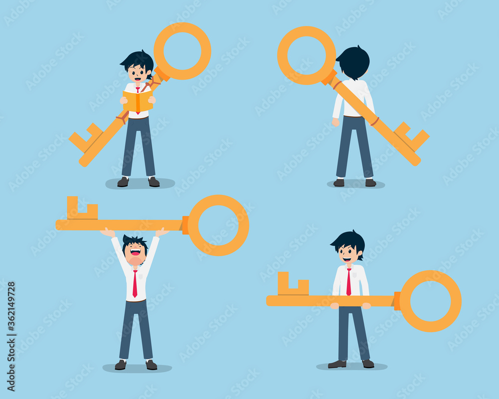 Salary Man With a giant key, holding the key, lifting the key and carrying the key Salary Man With a giant key, holding the key, lifting the key and carrying the key