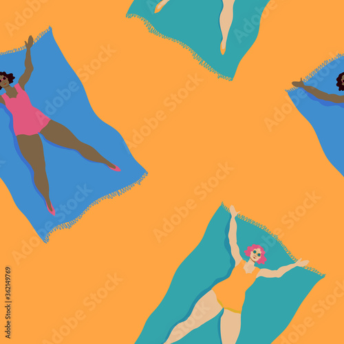 Vector seamless pattern with retro summer girls sunbathing on the beach