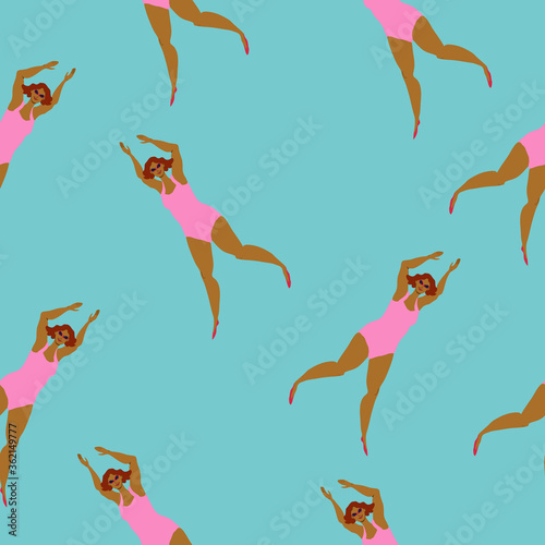 Retro girls swimming in the sea vector seamless pattern