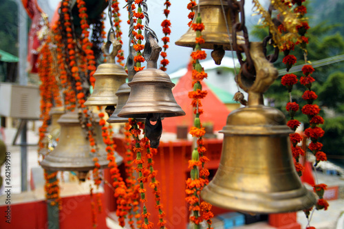 close up view of bells at gangorti temple, Uttarakhand.