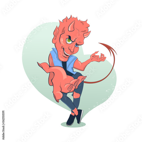 Red Devil Cartoon Character extends a welcome hand. The demon with different eyes offers help. The tempter looks at you smiling. Vector Illustration of a seducer Isolated On White Background. 