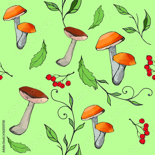 Mushrooms edible vegeterian organic mushrooming seamless pattern, vector illustration.  boletus, aspen mushroom. 