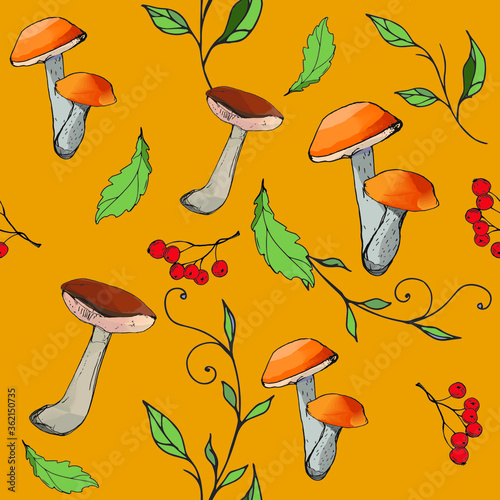 Mushrooms edible vegeterian organic mushrooming seamless pattern, vector illustration.  boletus, aspen mushroom. 