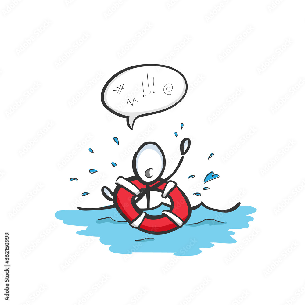 Drowning person calling for help. Vector simple Lifebelt save in the sea. Beach patrol rescue. Stickman cartoon clipart. Hand drawn. Doodle sketch, graphic illustration Drowning person calling for help. Vector simple Lifebelt save in the sea. Beach patrol rescue. Stickman cartoon clipart. Hand drawn. Doodle sketch, graphic illustration