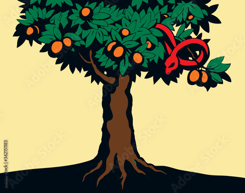 Serpent on the tree. Knowledge of good and evil. Vector drawing