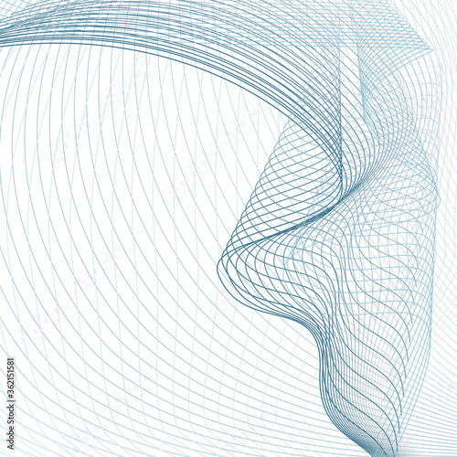 Flowing draped net, fabric imitation. Line art technology design. Abstract squiggly navy blue, gray lines on white background. Vector wave pattern. Undulating subtle curves. Industrial style. EPS10