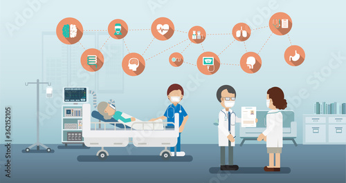 Medical service concept with medical icons and patient with ventilator flat design vector illustration