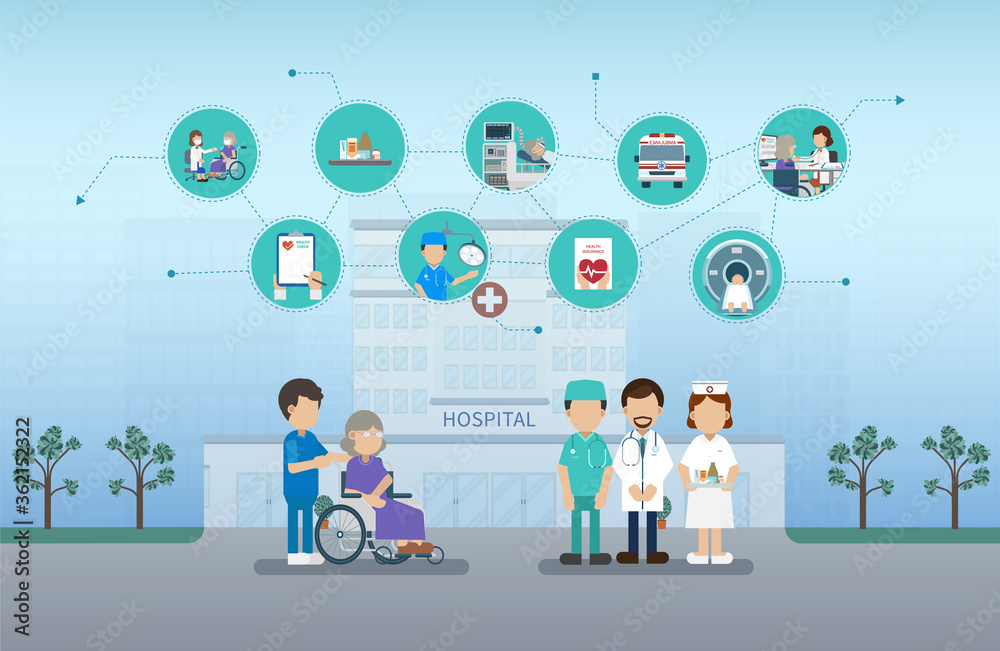 Elder care concept with medical icons and elder patient flat design vector illustration Elder care concept with medical icons and elder patient flat design vector illustration