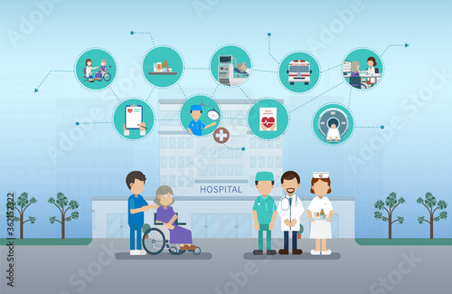 Elder care concept with medical icons and elder patient flat design vector illustration