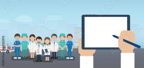 Medical service concept with blank screen tablet