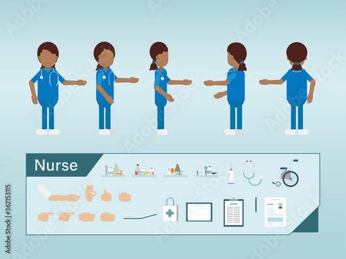 Set of female african american nurse characters wear blue uniform flat design vector illustration