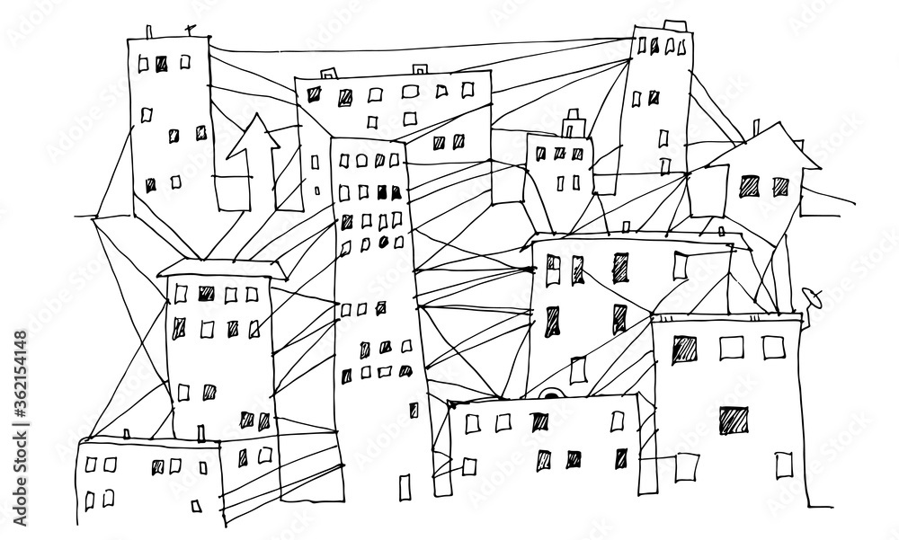 Linear drawing of a city, city communications network Linear drawing of a city, city communications network