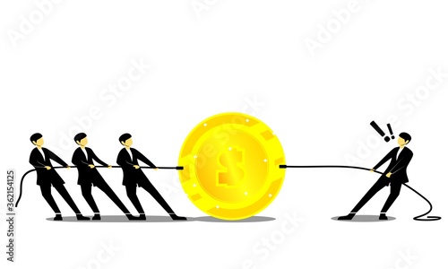 Small businessman team pulling of big golden coins, teamwork concept. Competition in work. Man character pulling rope with coin, scene of earning money, cash with dollars. Illustration vector