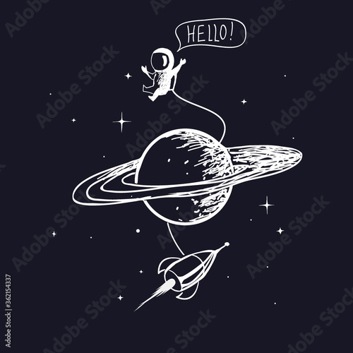 astronaut with spaceship and saturn