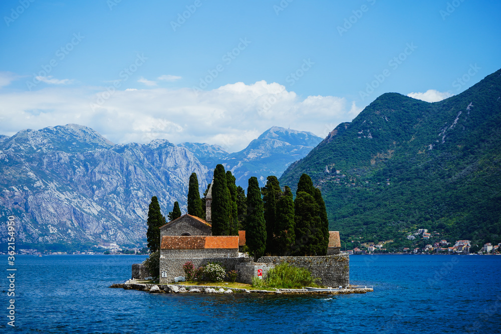 St George Island in Boko Kotor Bay. Island in the middle of a lake. The famous fjord-like bay, Perast.