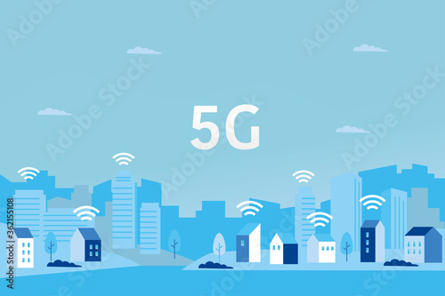 5G network and smart city concept, vector cityscape illustration