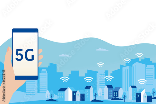 5G network and smart city concept, vector cityscape illustration