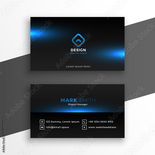 black business card with blue glows template design