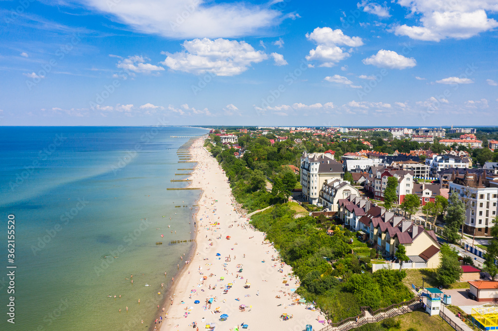 Aerial: The beach of Zelenogradsk in the summertime