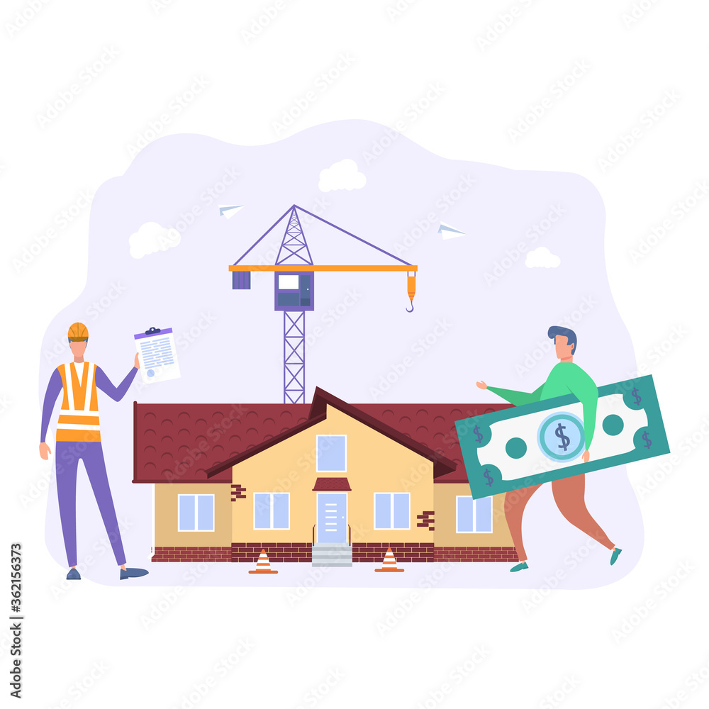 Elite real estate purchase, construction costs, construction investments, purchase of a finished house, bank loan. Colorful vector illustration.