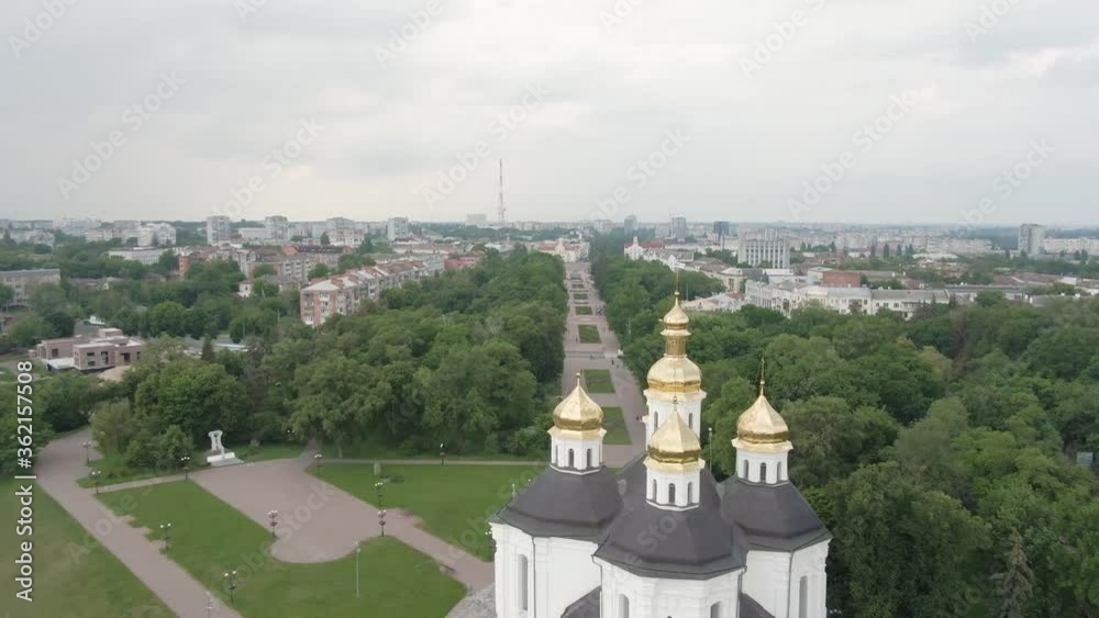 View to centre of Chernihiv city Red square from Saint Kateryna Cathedral. Aerial drone video in 4k. View to centre of Chernihiv city Red square from Saint Kateryna Cathedral. Aerial drone video in 4k.