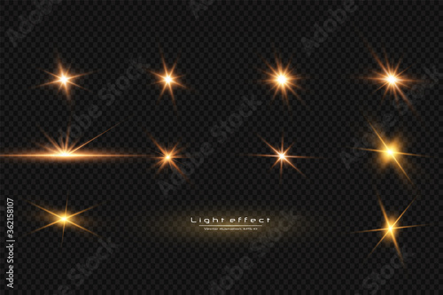 Shining golden stars, sun isolated on a black background. Effects, glare, lines, glitter, explosion, golden light. Vector illustration