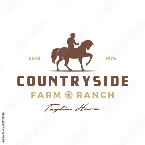 Vintage Retro Cowboy Riding Horse Silhouette logo design illustration