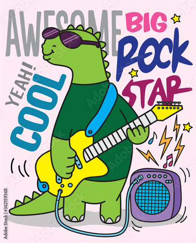 Hand drawn dino rock star for t shirt