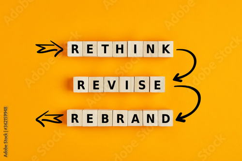 Business branding concept of rethink revise and rebrand words on wooden cubes with process arrows photo