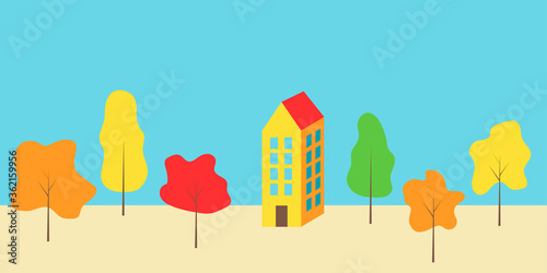 Autumn landscape with colorful trees and a house. Multi-storey house in the forest. Vector flat illustration.