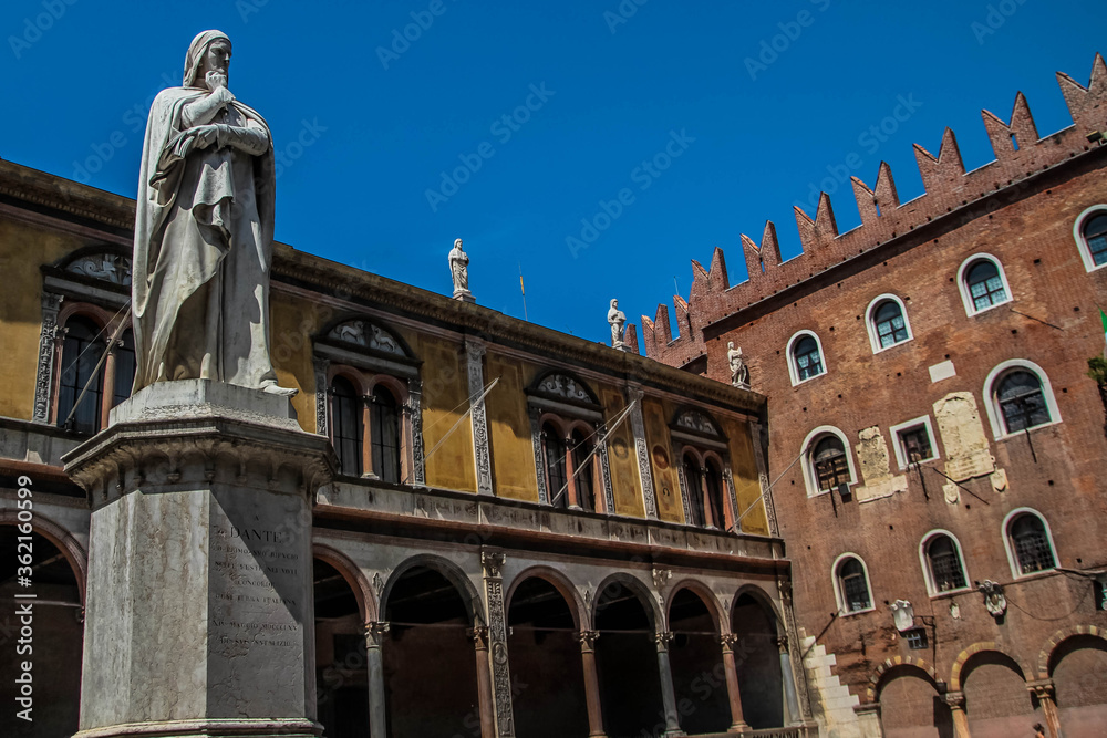 The Dante Monument was erected in Signoria Square in 1865 from Verona, Italy